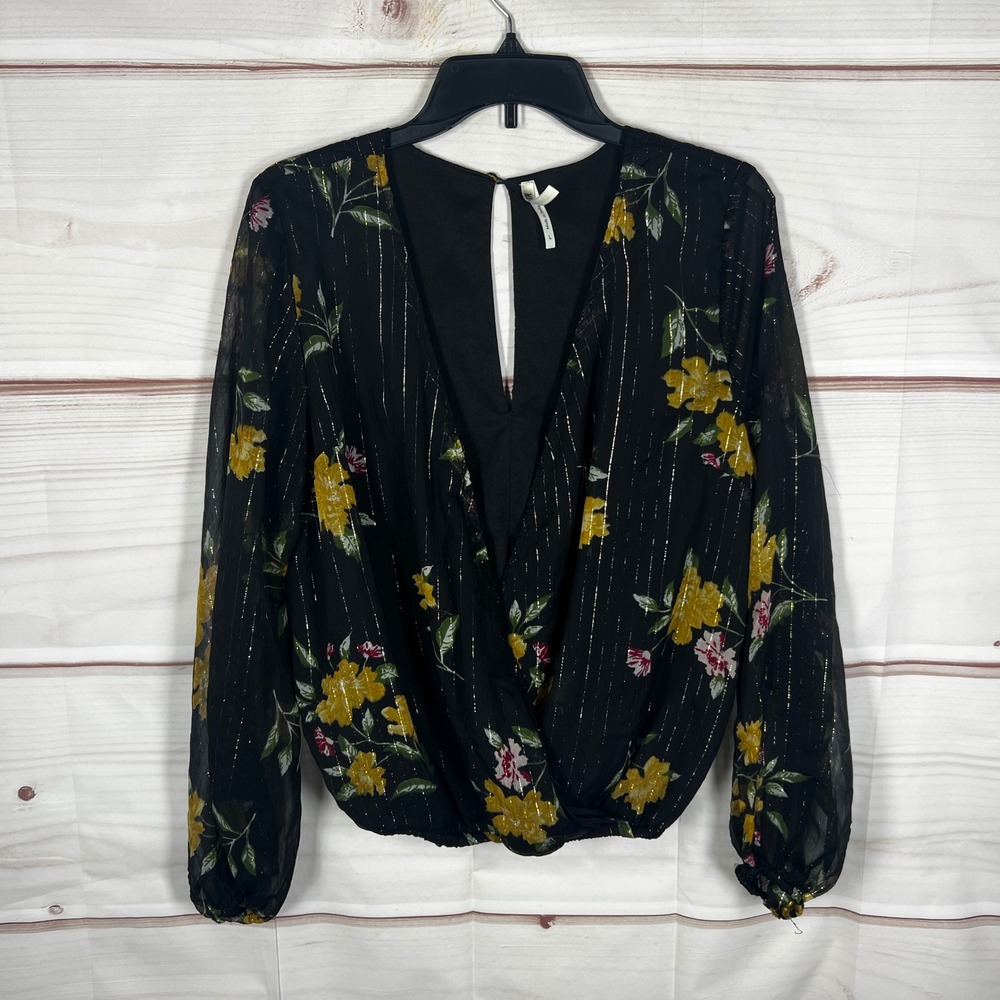 Live 4 Truth Floral Top Women Large Black Metallic Stripe V-Neck Faux Wrap Woven